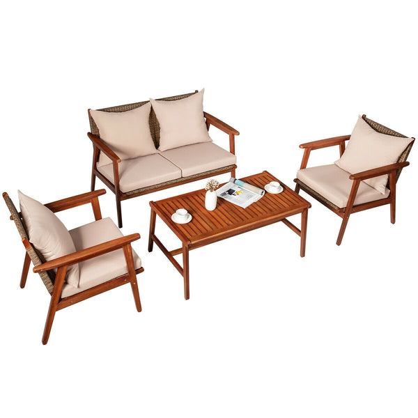 4 Pieces Acacia Wood Patio Rattan Furniture Set?with Cushions
