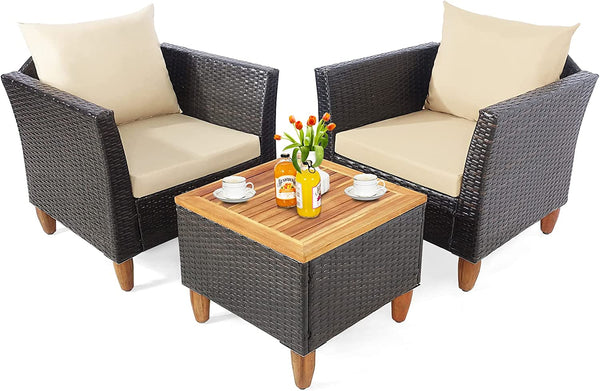 3 Pieces Patio Rattan Bistro Furniture Set with Wooden Table Top