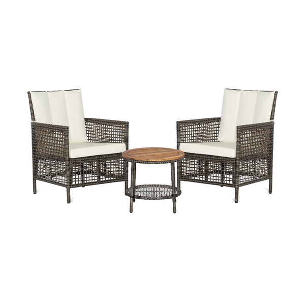 3 Pieces Patio Rattan Furniture Set with Cushioned Sofas and Wood Table Top