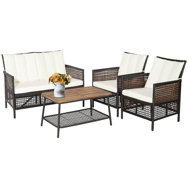 4 Pieces Patio Rattan Furniture Set with 2-Tier Coffee Table