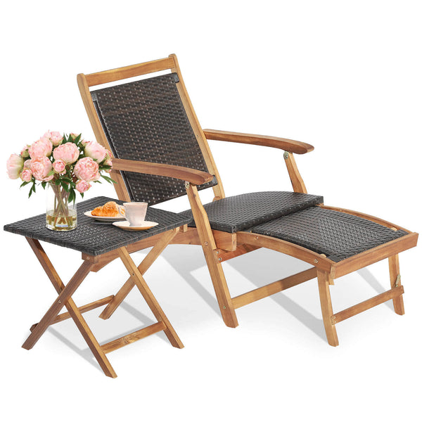 2 Pieces Patio Rattan Folding Lounge Chair Table Acacia Wood with Retractable Footrest