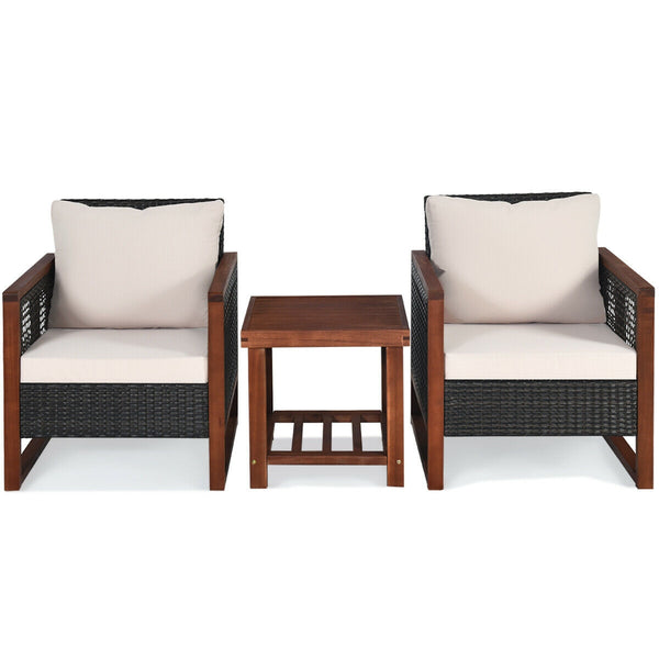 3 Pieces Wicker Patio Furniture Set with Acacia Wood Coffee Table