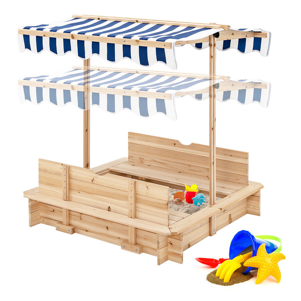 Kids Wooden Sandbox with Canopy and Foldable Bench Seats