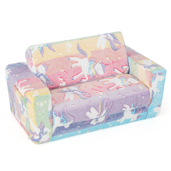 2-in-1 Flip Out Kids Sofa Chair with Detachable Flannel Fabric Cover and Glowing Patterns