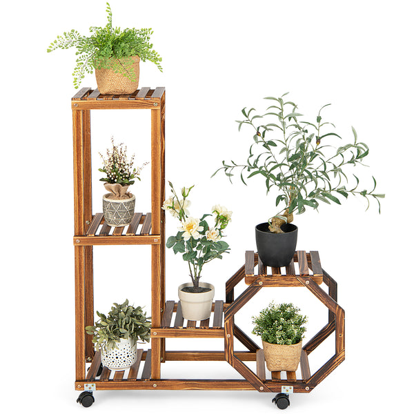 Multi-Layer Wooden Plant Stand with Wheels