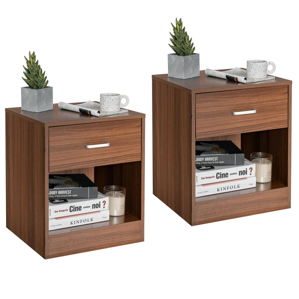 Set of 2 Modern Wooden Nightstands with Storage Drawer and Open Cabinet