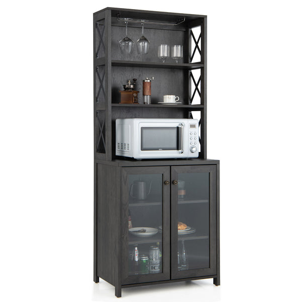 Tall Freestanding Buffet Hutch with Glass Holder and Adjustable Shelves