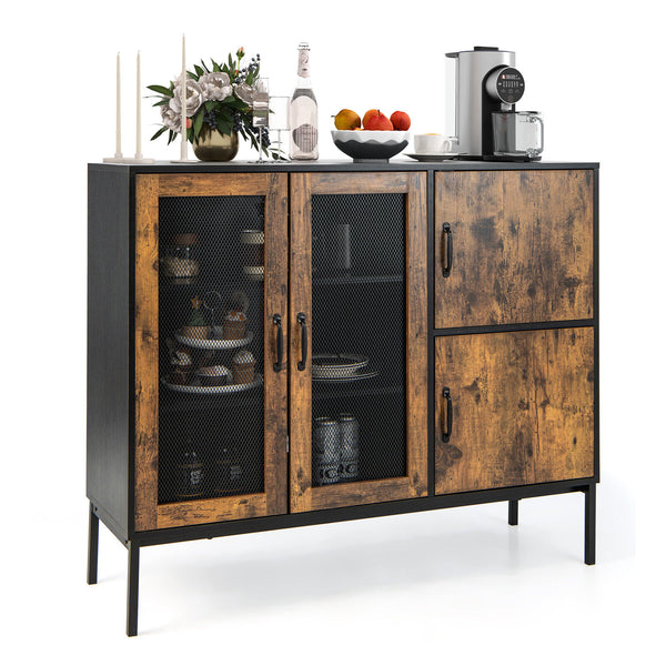 48Inch Industrial Kitchen Buffet Sideboard with Metal Mesh Doors and Anti-toppling Device