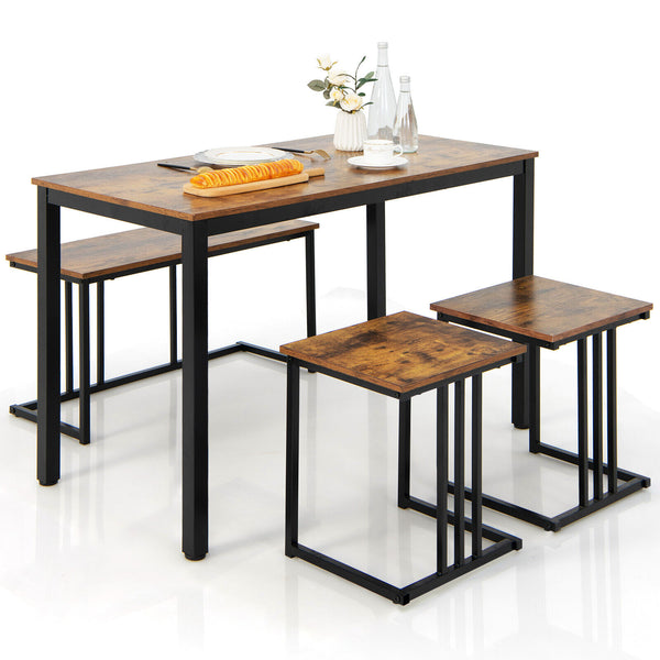 4 Pieces Space-Saving Dining Table Set with Bench and 2 Stools