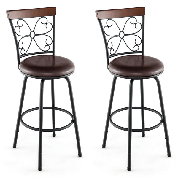 2 Pieces 24-30 Inch Adjustable PU Cushioned Swivel Barstools