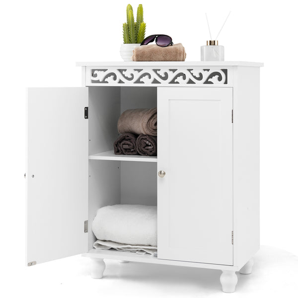 Freestanding Bathroom Cabinet Floor Storage Organizer with Adjustable Shelf and Solid Wood Legs