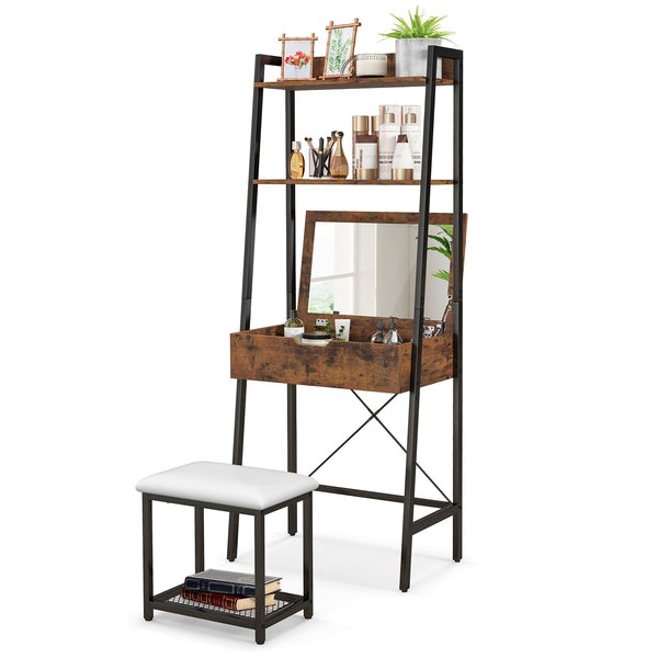 Ladder Vanity Desk Set with Flip Top Mirror and Cushioned Stool