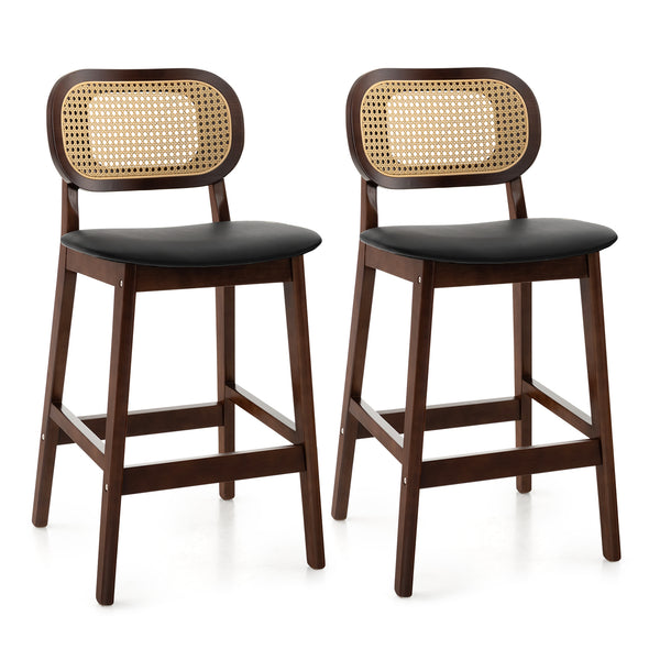 Wood Bar Chairs with PE Rattan Backrest, Padded Seat and Footrest