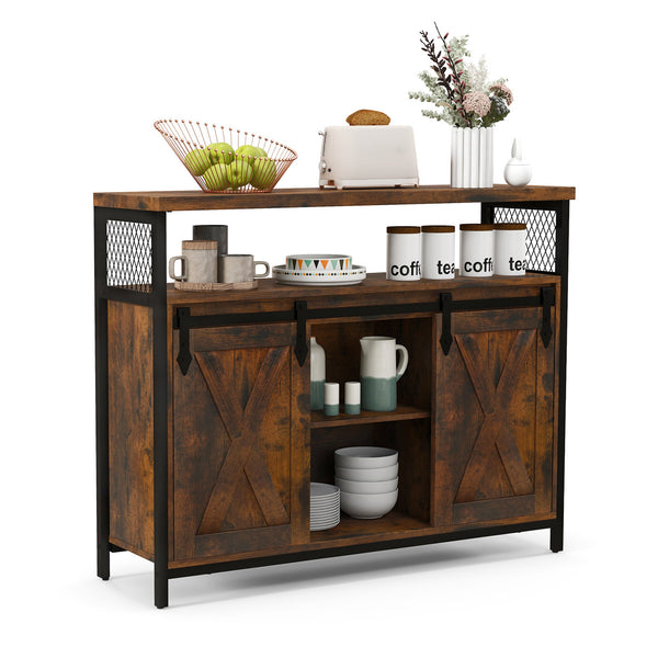 Buffet Cabinet with 3-Level Adjustable Shelves and 2 Sliding Barn Doors