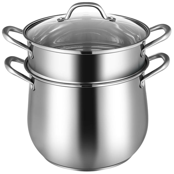 2-Tier Steamer Pot Saucepot Stainless Steel with Tempered Glass Lid