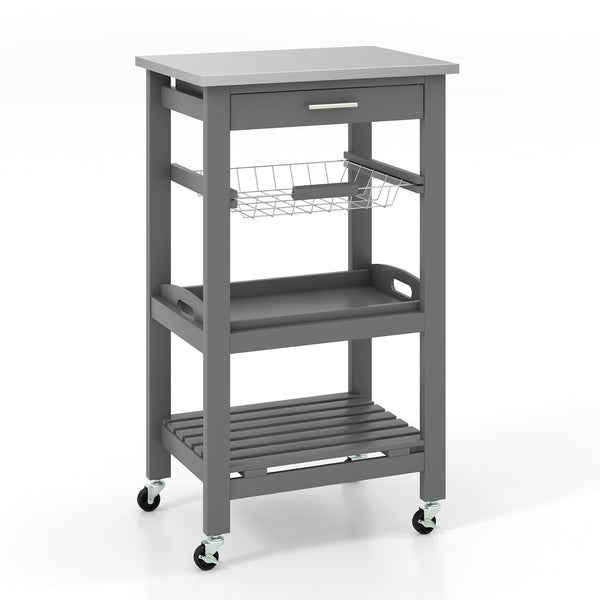 Kitchen Island Cart with Stainless Steel Tabletop and Basket