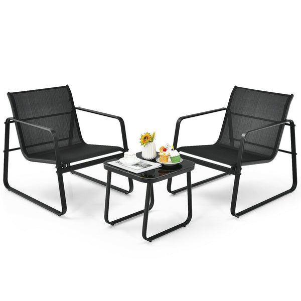 3 Pieces Patio Bistro Furniture Set with Glass Top Table Garden Deck
