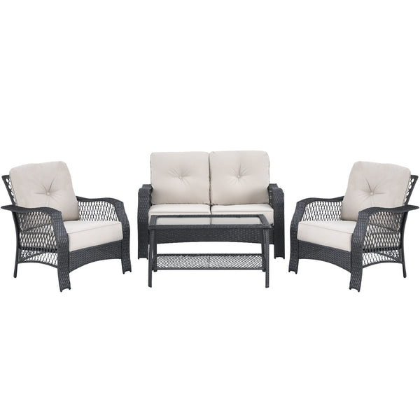 4 Pieces Patio Wicker Furniture Set with Coffee Table and Cushions