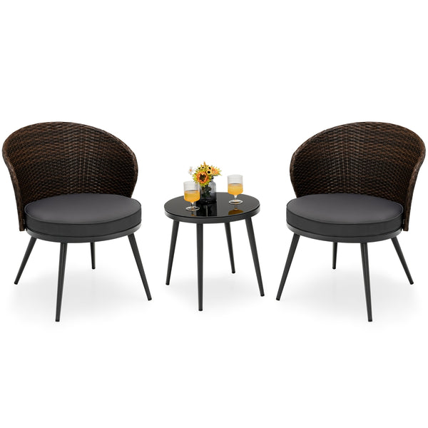 3 Pieces Patio Rattan Bistro Set with 2 Seat Cushions and Tempered Glass Tabletop