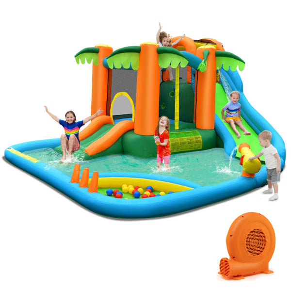 7-in-1 Inflatable Water Slide Park with Trampoline Climbing and 750W Blower