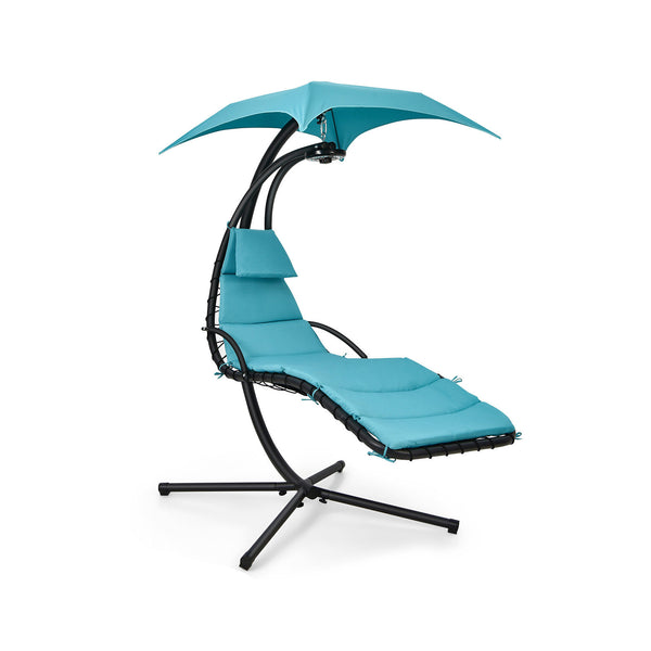 Hanging Curved Steel Swing Chaise Lounger with Removable Canopy and Overhead Light