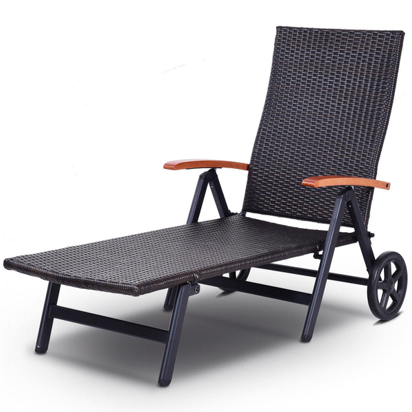 Folding Back Adjustable Aluminum Rattan Recliner Lounger w/ Wheels