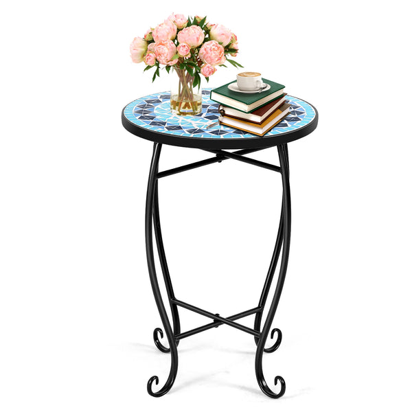 14 Inch Mosaic Round Side Table Plant Stand for Patio Lawn Garden