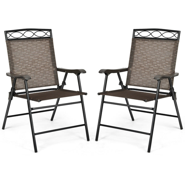 Set of 2 Patio Folding Chairs Sling Portable Dining Chair Set with Armrest