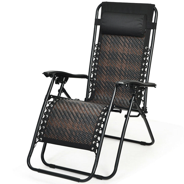 Folding Rattan Zero Gravity Lounge Chair with Removable Head Pillow