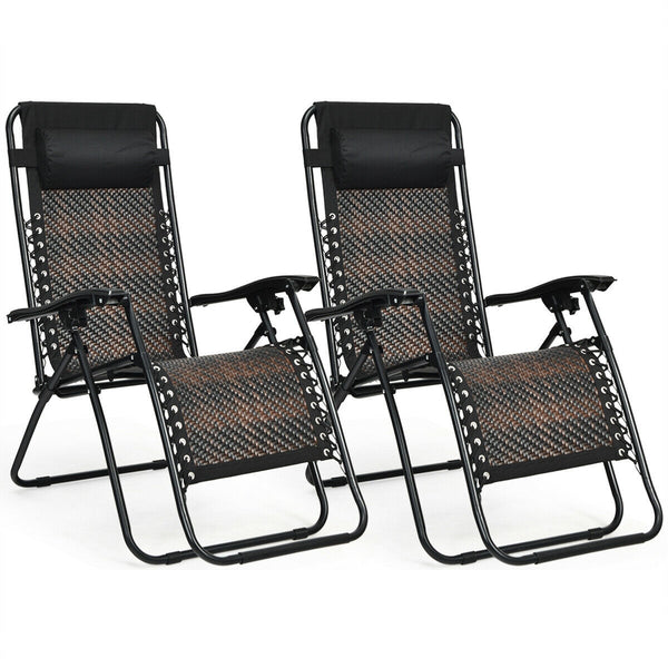2Pcs Folding Patio Rattan Zero Gravity Lounge Chair