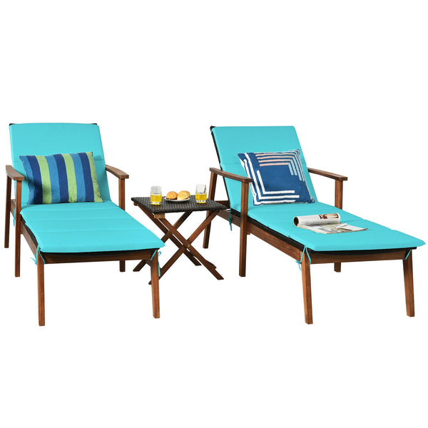 3 Pieces Protable Patio Cushioned Rattan Lounge Chair Set with Folding Table