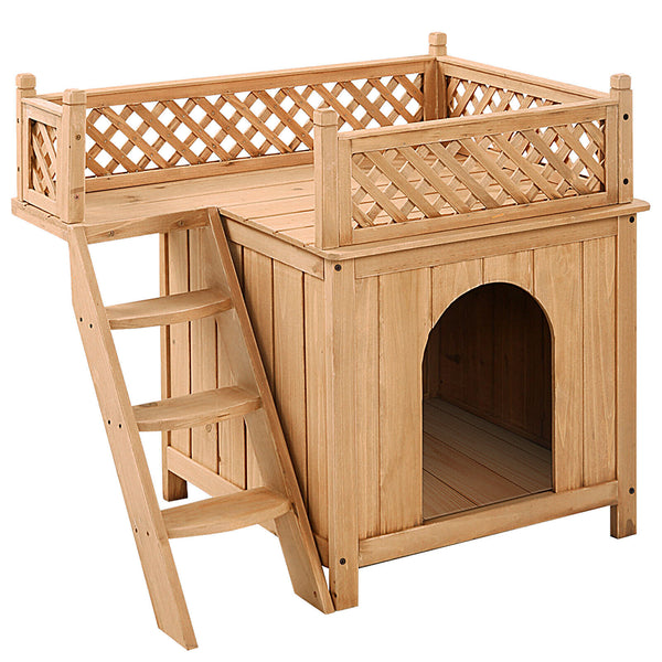 Wooden Dog House with Stairs and Raised Balcony for Puppy and Cat