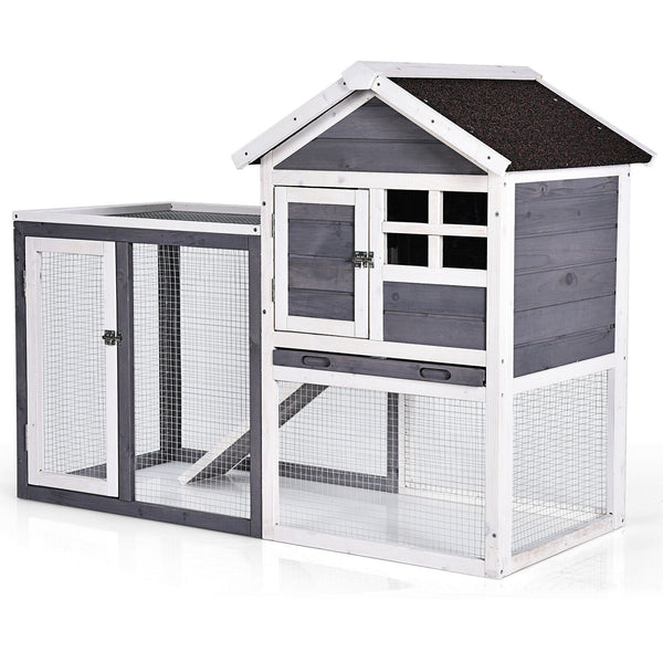 Outdoor Wooden Rabbit Hutch with Asphalt Roof and Removable Tray