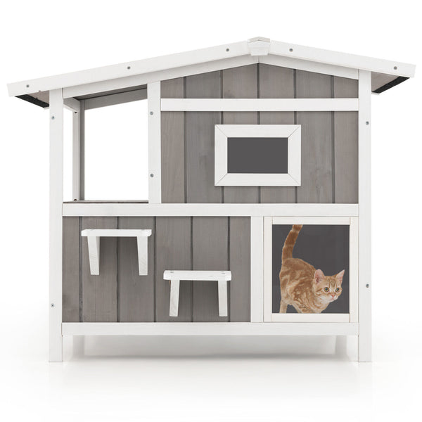 Outdoor 2-Story Wooden Feral Cat House with Escape Door