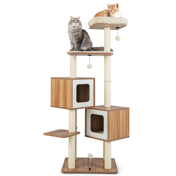 Modern Wooden Cat Tree with Perch Condos and Washable Cushions