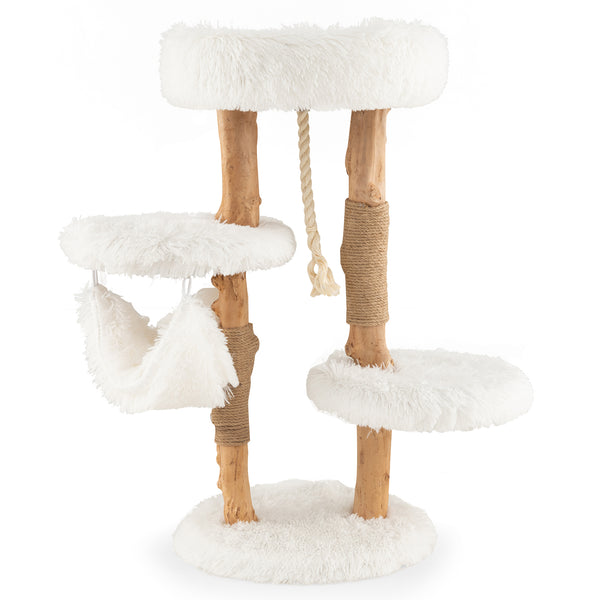 Solid Wood Cat Tower with Jute Scratching Posts and Hanging Rope for Indoor Cats