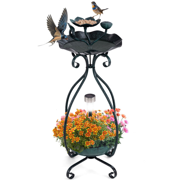 Solar Outdoor Bird Bath Feeder Combo with Flower Planter Pedestal and Solar Lights