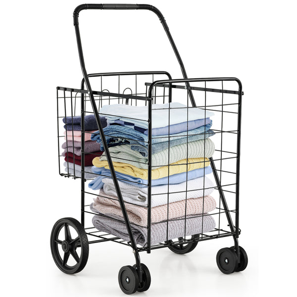 Folding Shopping Cart with Swiveling Wheels and Dual Storage Baskets