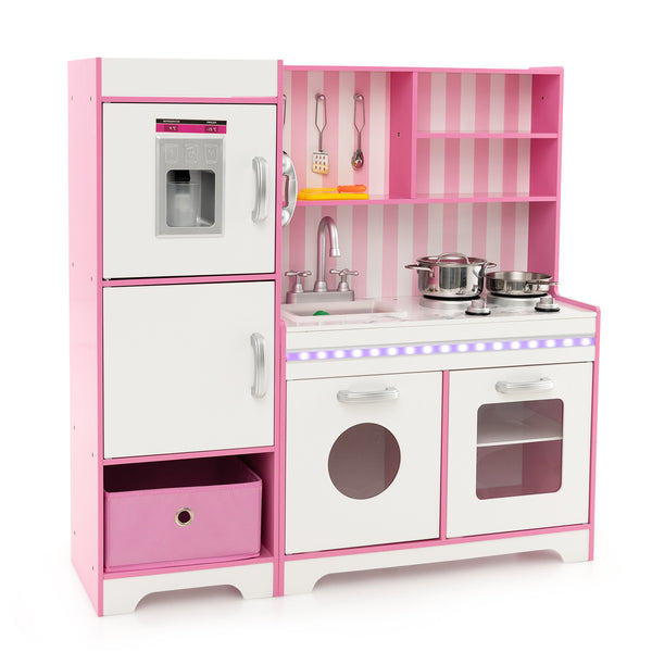 Kids Kitchen Playset Wooden Toy with Adjustable LED Lights and Washing Machine