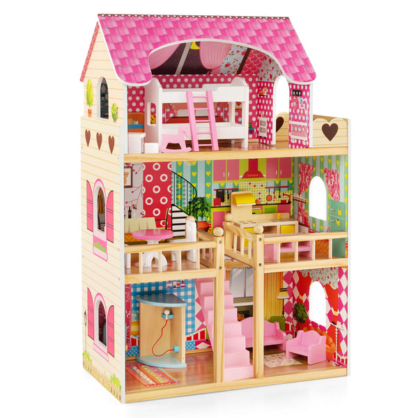 Doll House Playset with 3 Stories and 6 Simulated Rooms and 15 Pieces of Furniture