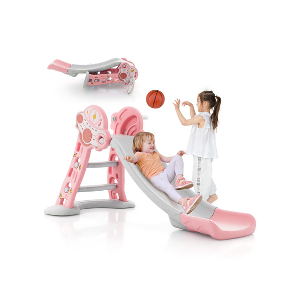 3-in-1 Folding Slide Playset with Basketball Hoop and Small Basketball