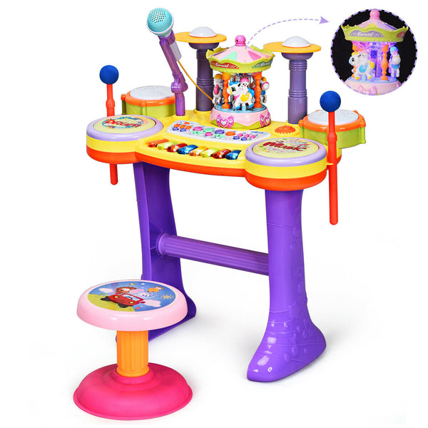 3-in-1 Kid Piano Keyboard Drum Set with Carousel Music Box