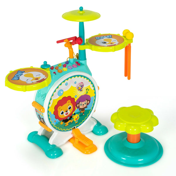 3-Piece Electric Kids Drum Set with Microphone Stool Pedal