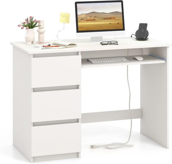 Computer Desk with Power Outlet Keyboard Tray and 3 Large Drawers