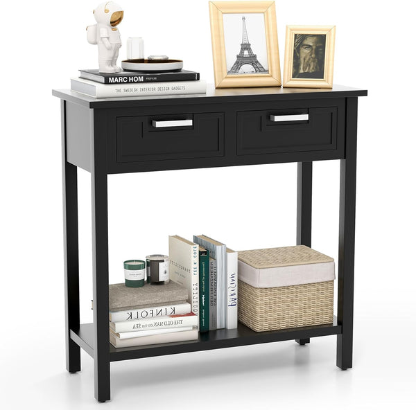 Narrow Console Table with Drawers and Open Storage Shelf