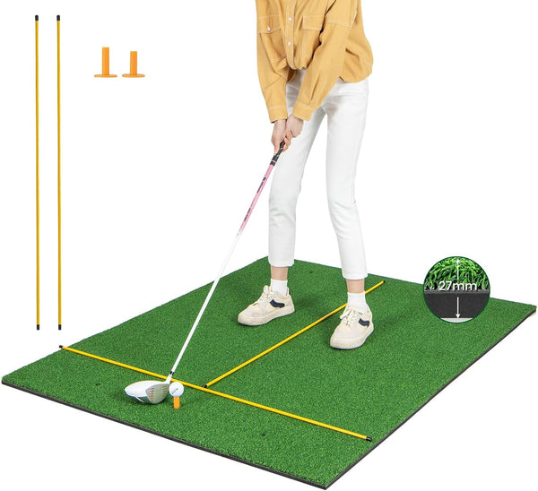 Artificial Turf Mat for Indoor and Outdoor Golf Practice Includes 2 Rubber Tees and 2 Alignment Sticks