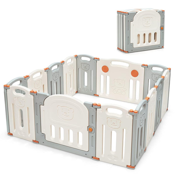 14 Panel Foldable Baby Playpen with Lockable Gate and Non-slip Bases