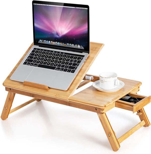 Bamboo Laptop Desk with Tilting Top and Drawer