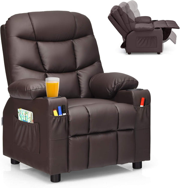 Kids PU Leather/Velvet Fabric Kids Recliner Chair with Cup Holders