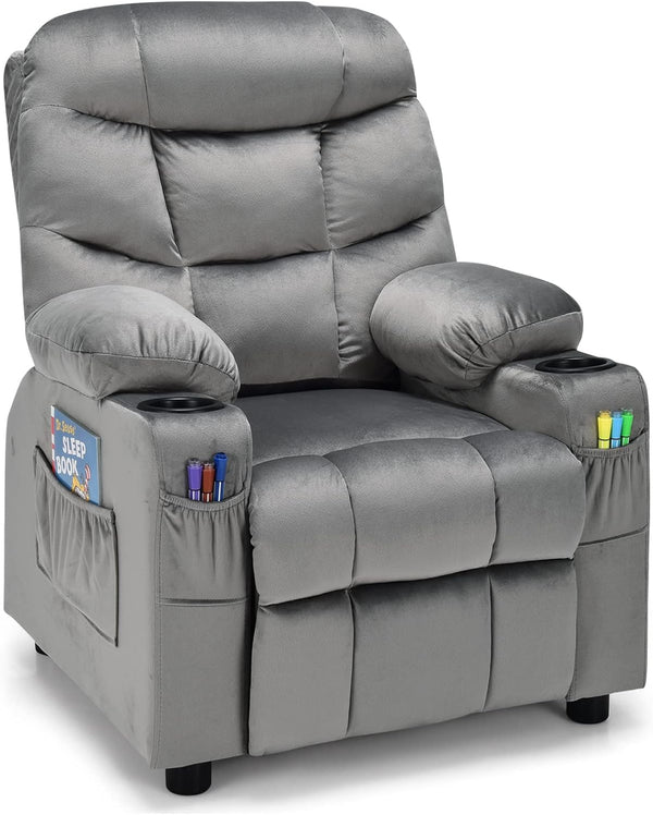 Kids PU Leather/Velvet Fabric Kids Recliner Chair with Cup Holders